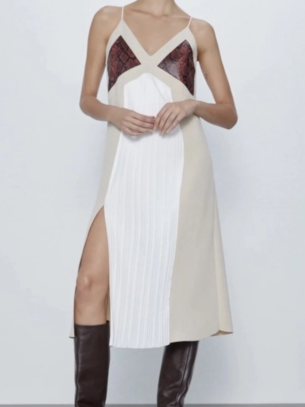 ZARA Pleated Snake Contrast Midi Dress Blogger Favorite L NWOT